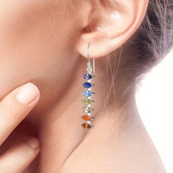 Silver tone Multicolor crystals Dangle Earrings - Picture 5 of 7